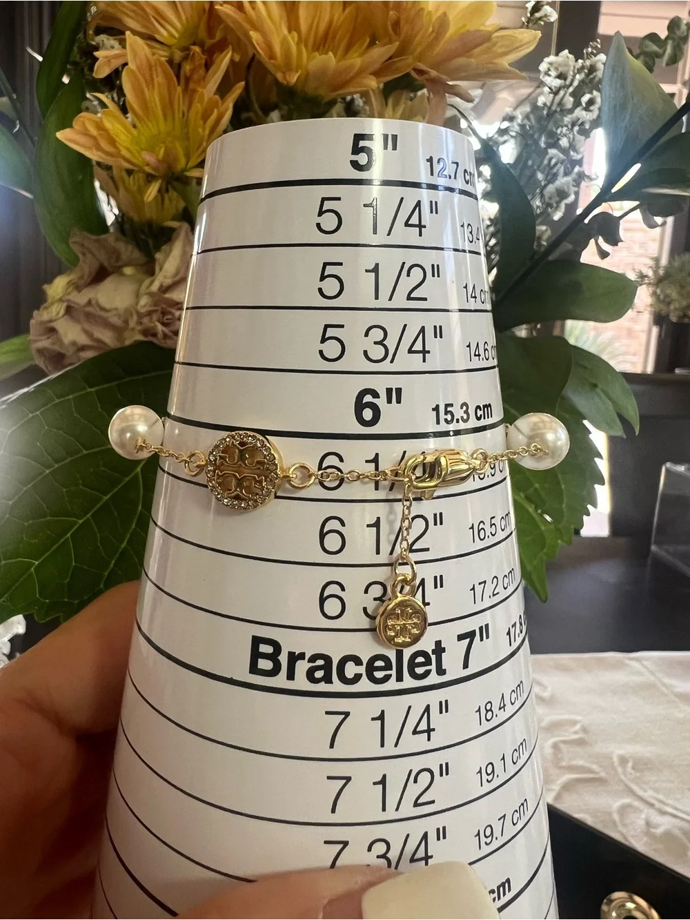 Tory Burch Gold-Tone Pearl Station Bracelet with Logo Discs